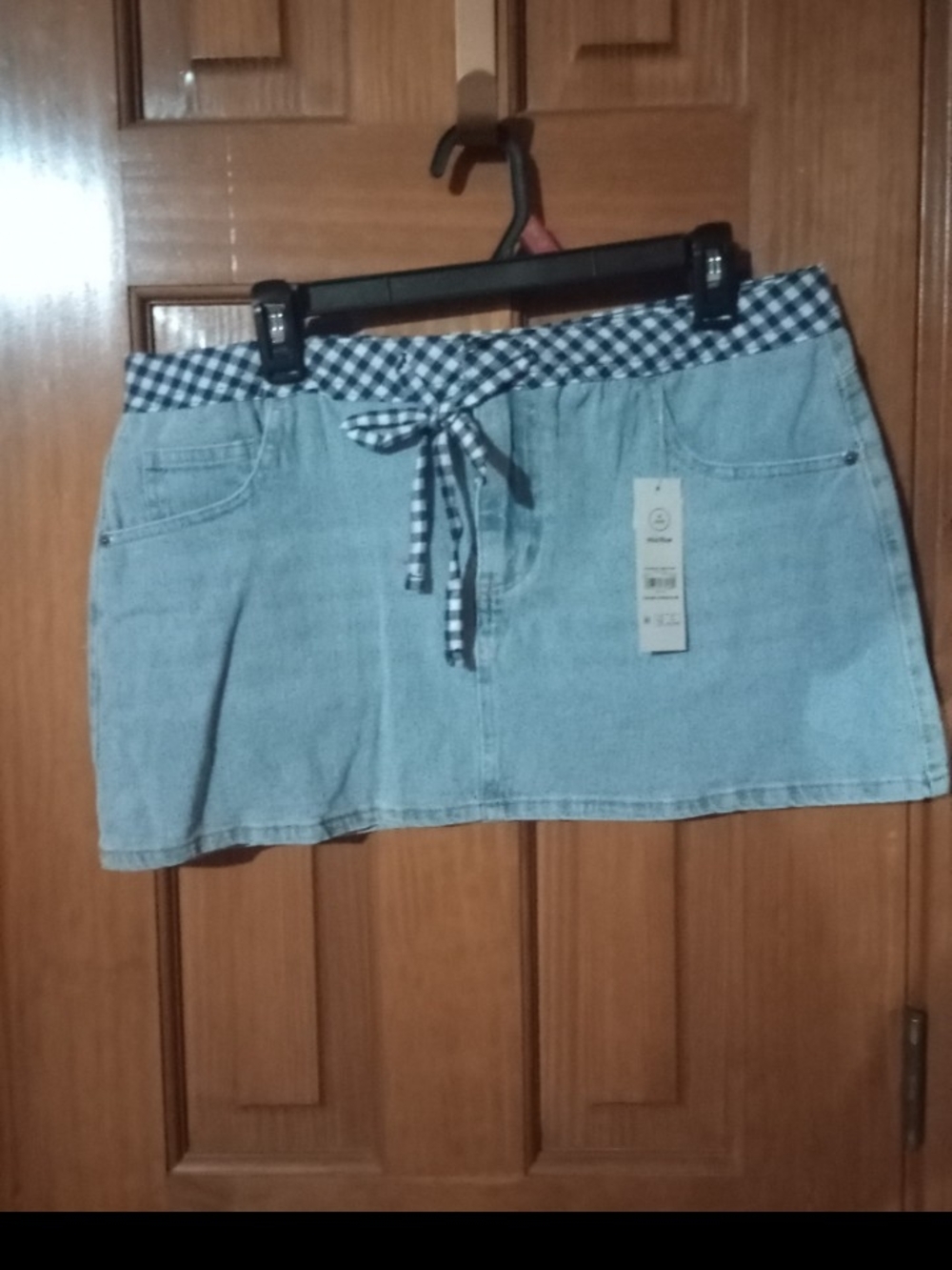 No Boundaries Light Blue Denim Mini Skirt with Navy Gingham Tie